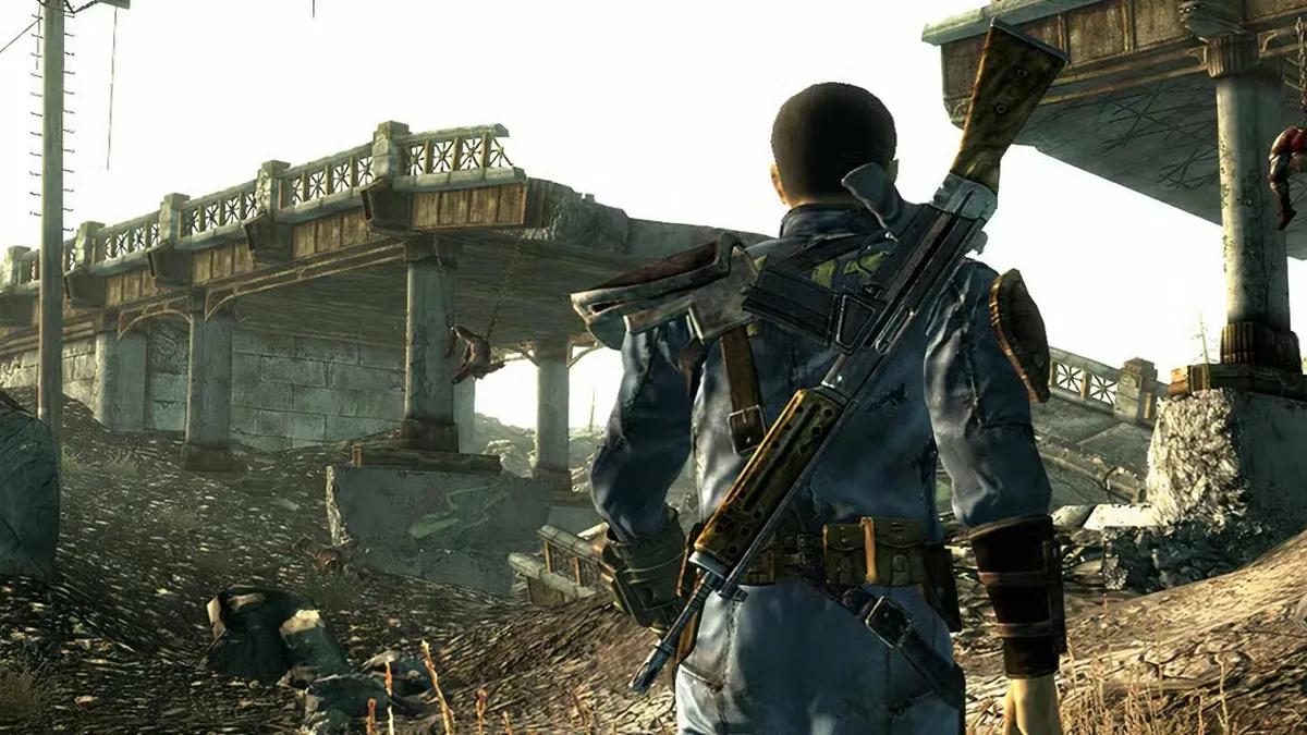 Gracz Fallout 3 napotyka najeźdźcę dzierżącego rzadką lancę ognistą