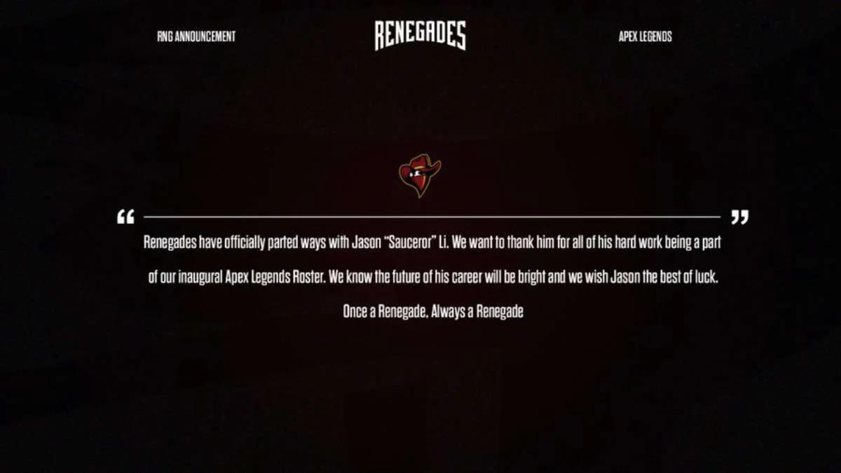 Sauceror opuścił drużynę Renegades do Apex Legends