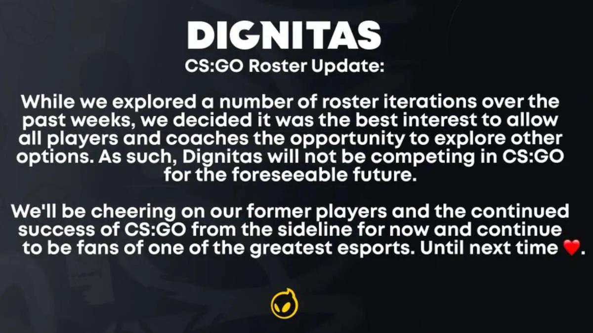 Dignitas rozwiązuje swój poprzedni skład i opuszcza CS:GO