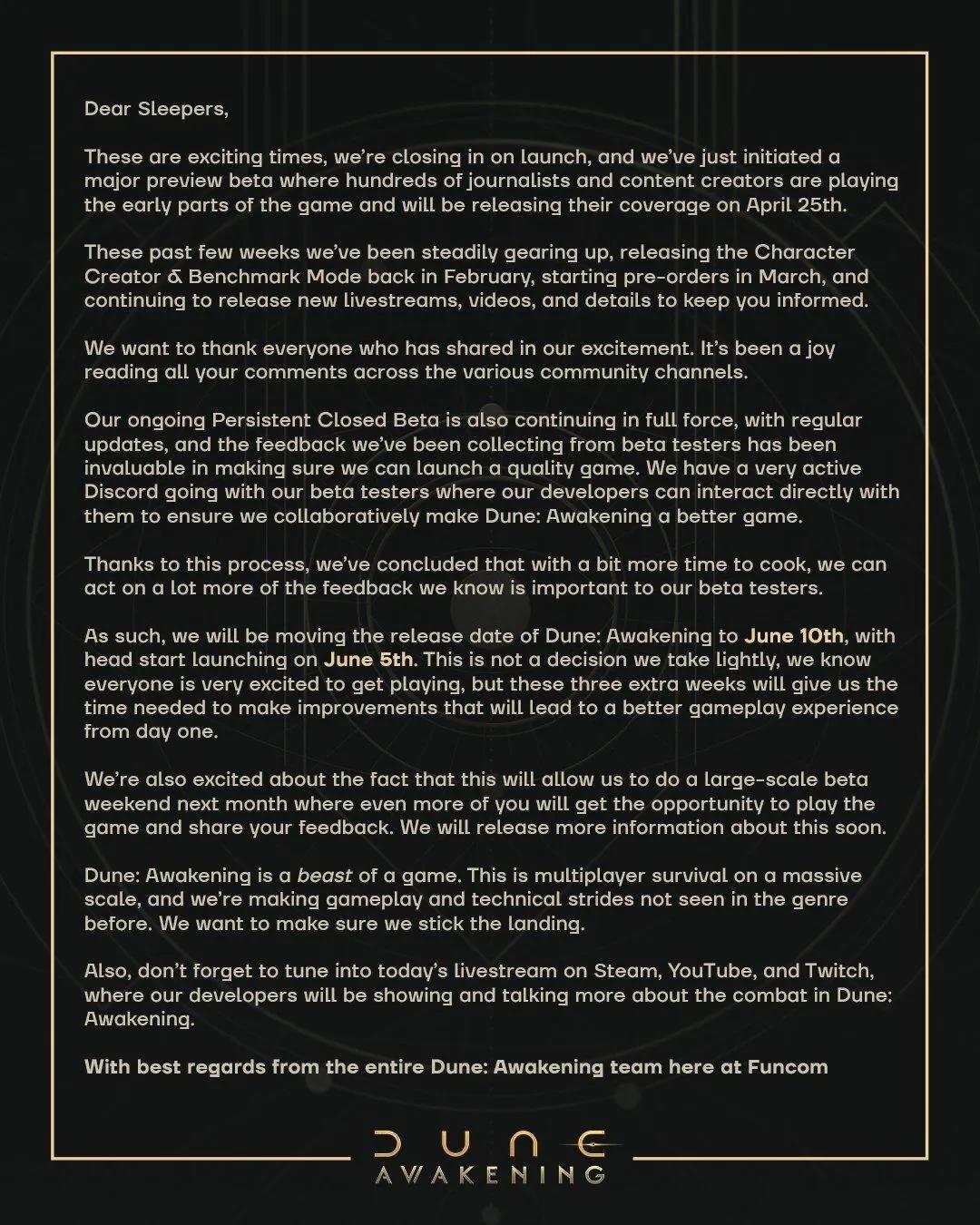 Dune: Awakening premiera opóźniona do 10 czerwca