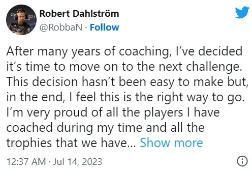 Robban Steps Down from Coaching Position. Photo 1